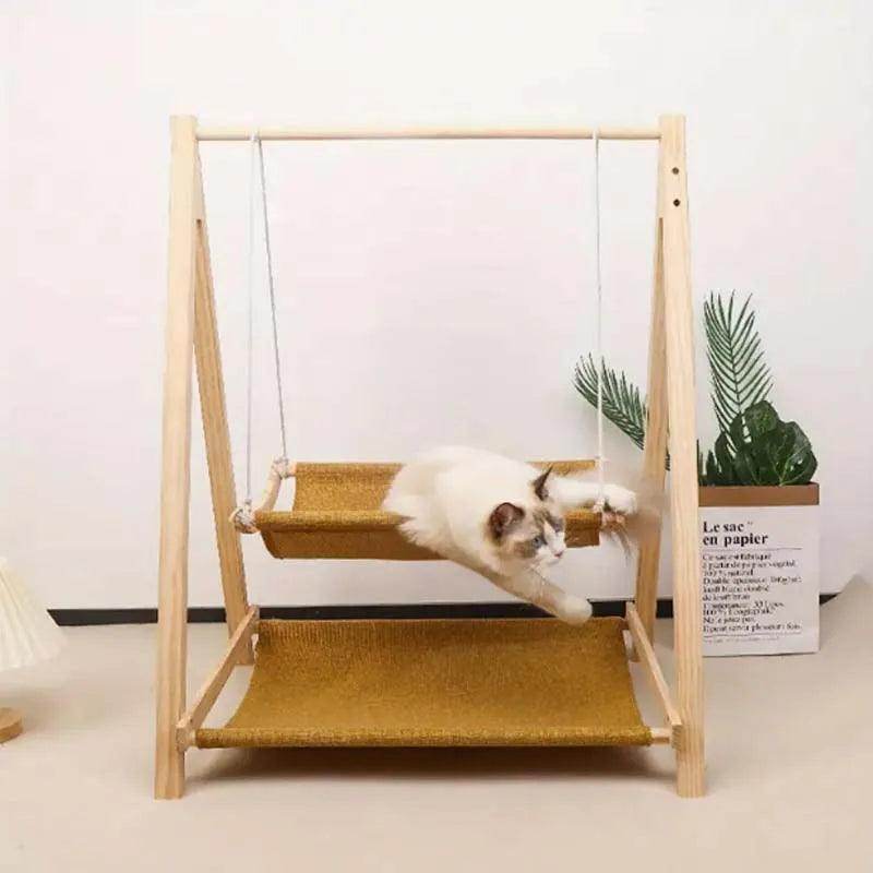 Cozy Dual-Level Wooden Cat Swing Bed - My Store
