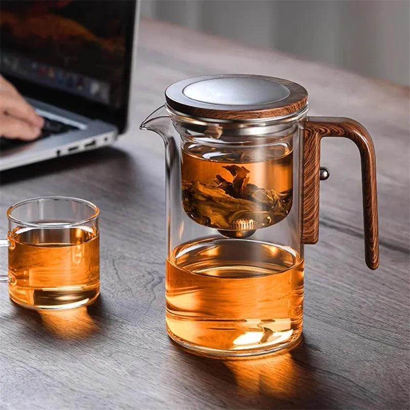 One Click Magnetic Switch Tea Separation Glass Teapot with Wooden Handle - My Store