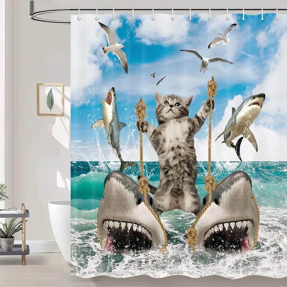Funny Brave Cat Riding Shark Shower Curtain - My Store