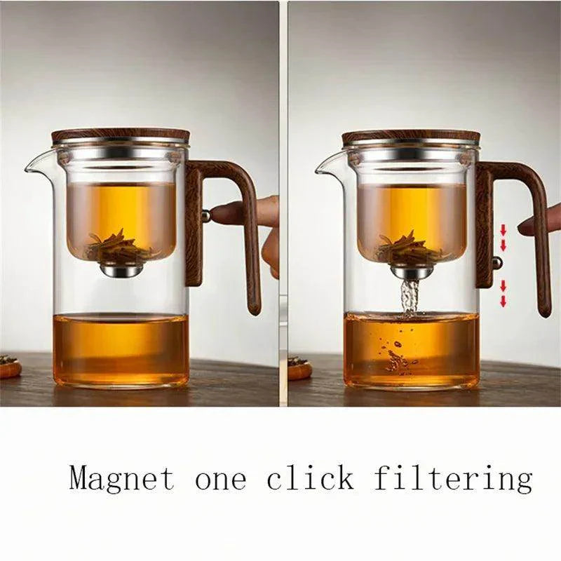 One Click Magnetic Switch Tea Separation Glass Teapot with Wooden Handle - My Store