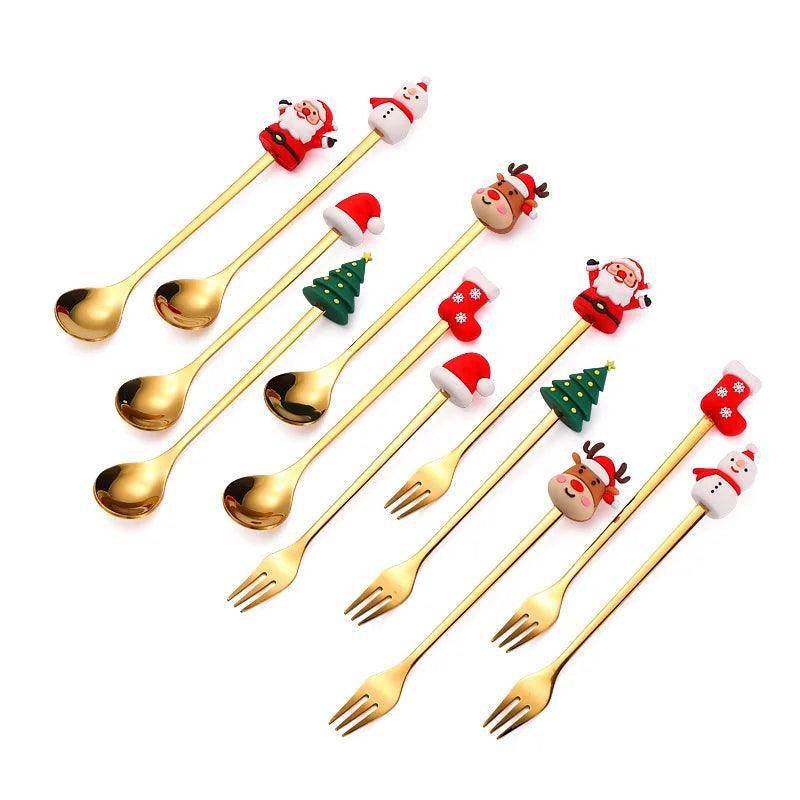 Christmas Gold & Silver Spoon Fork Set - Festive Cutlery for Desserts & Coffee - My Store