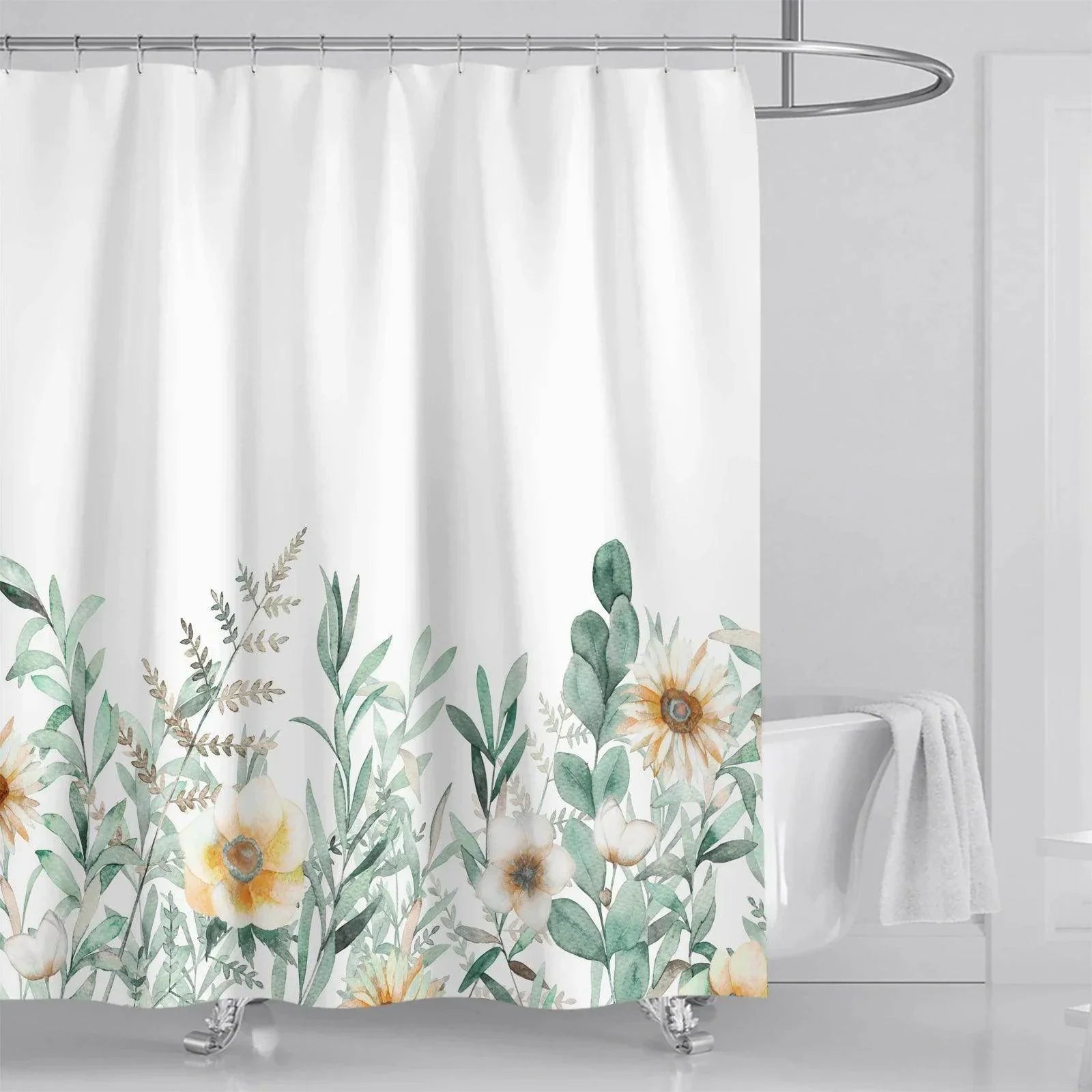 Watercolor Leaves Floral Shower Curtain with Hooks - My Store