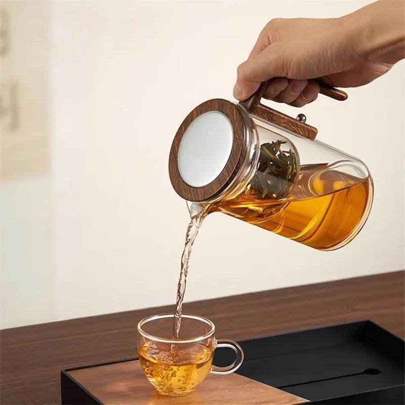 One Click Magnetic Switch Tea Separation Glass Teapot with Wooden Handle - My Store