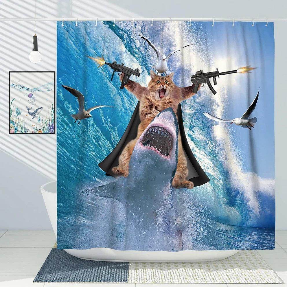 Funny Brave Cat Riding Shark Shower Curtain - My Store
