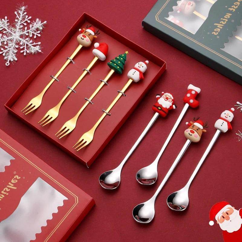 Christmas Gold & Silver Spoon Fork Set - Festive Cutlery for Desserts & Coffee - My Store