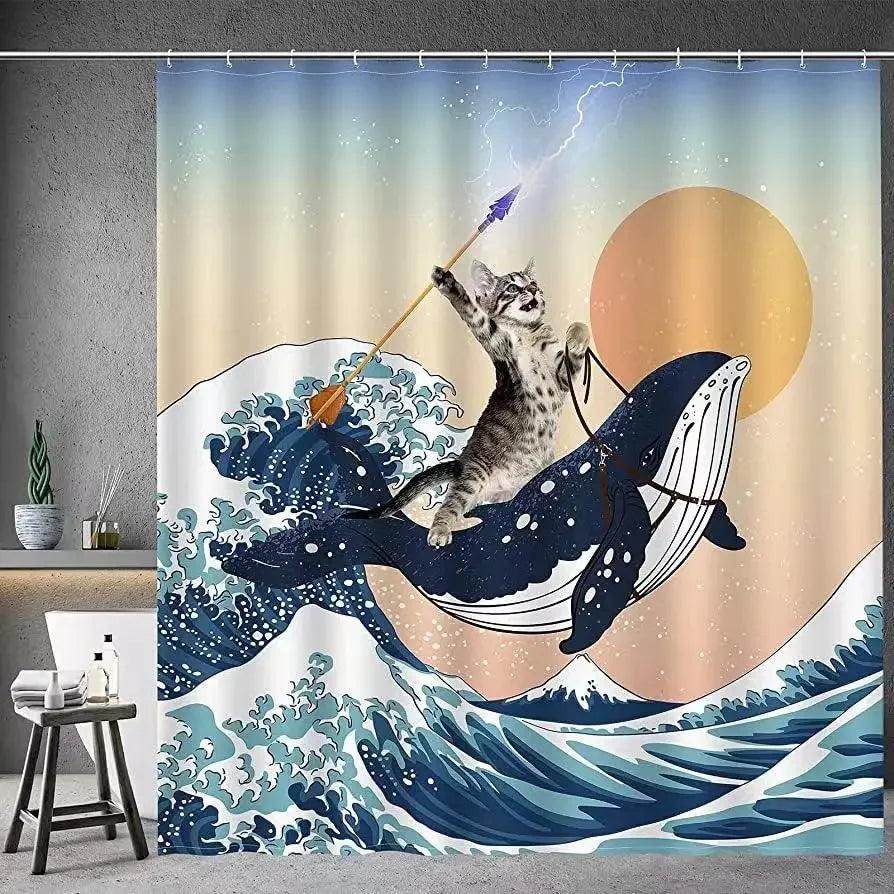 Funny Brave Cat Riding Shark Shower Curtain - My Store