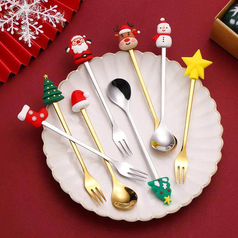 Christmas Gold & Silver Spoon Fork Set - Festive Cutlery for Desserts & Coffee - My Store