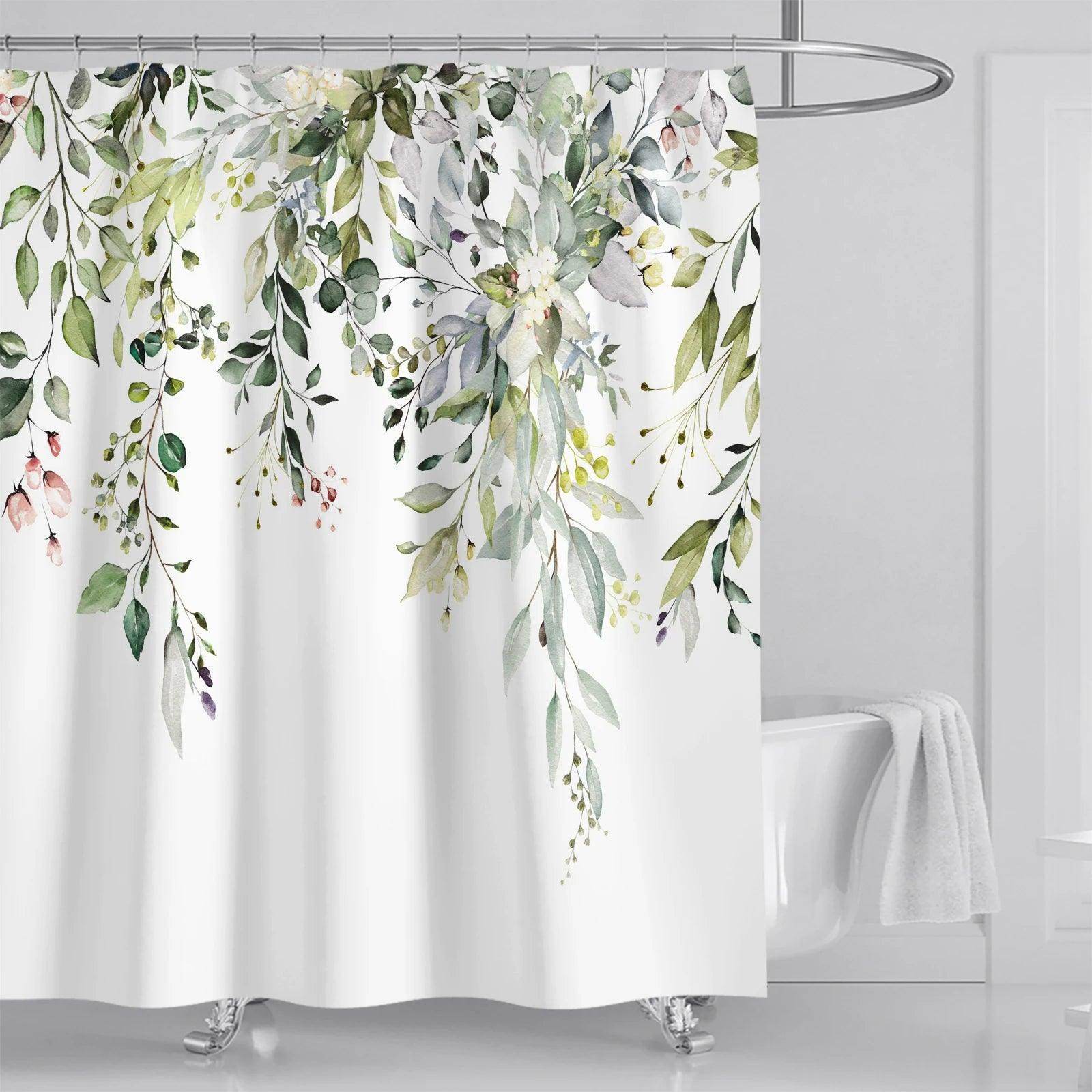 Watercolor Leaves Floral Shower Curtain with Hooks - My Store