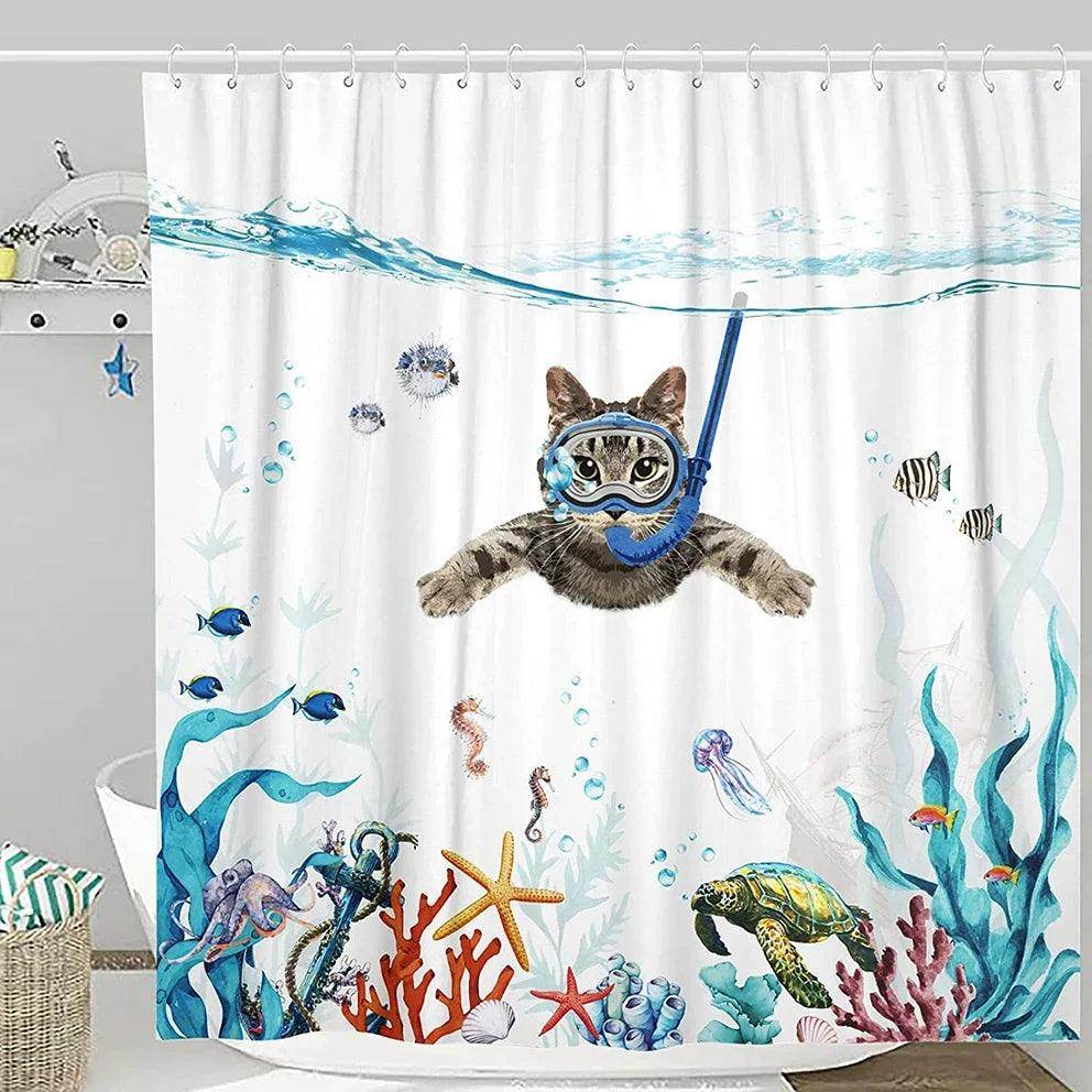 Funny Brave Cat Riding Shark Shower Curtain - My Store