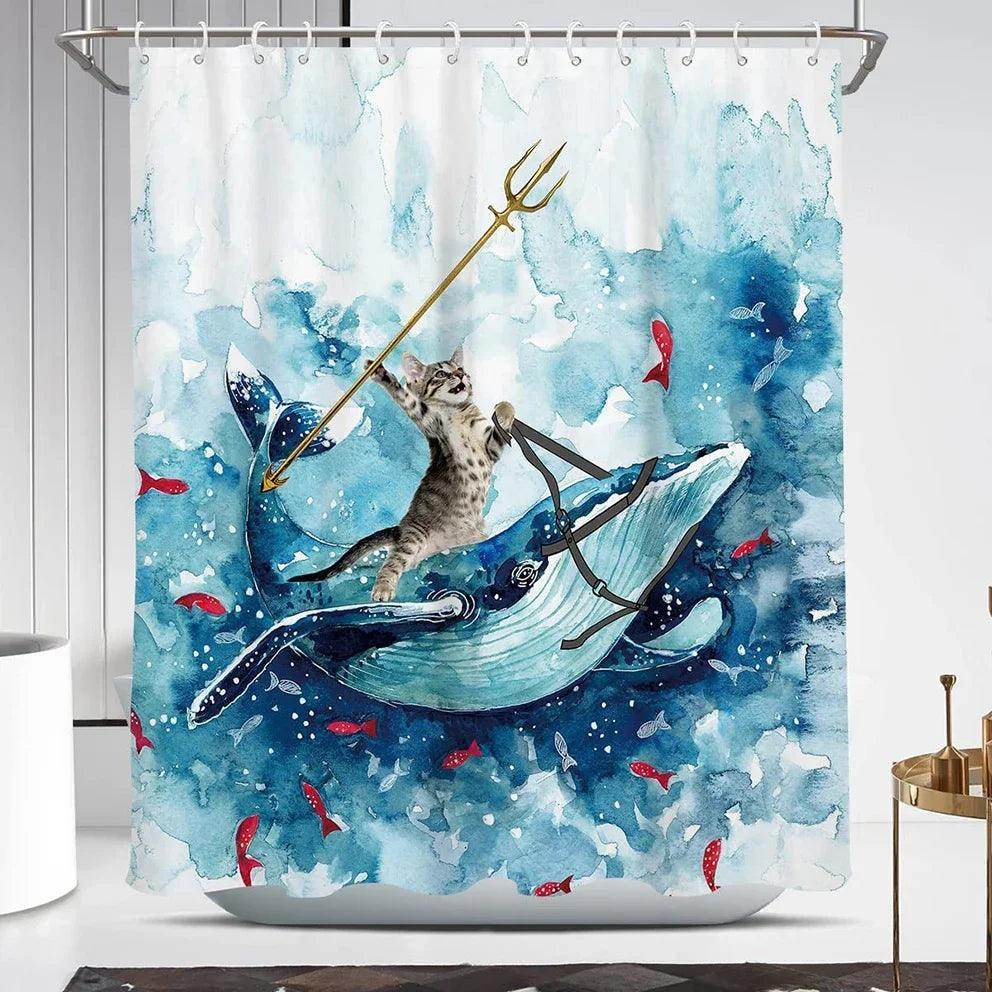 Funny Brave Cat Riding Shark Shower Curtain - My Store