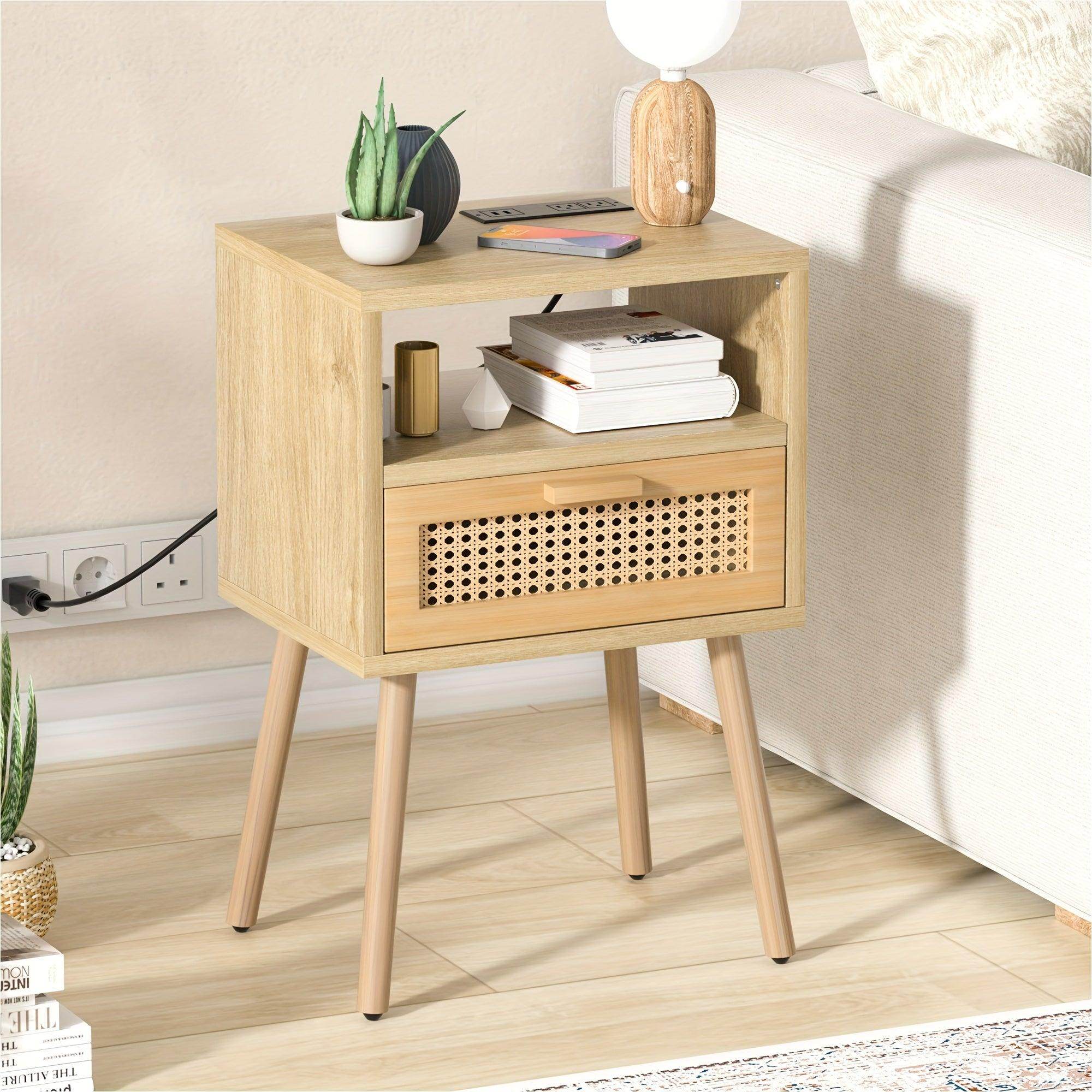 Rattan Nightstand with Charging Station & Storage Drawers - My Store