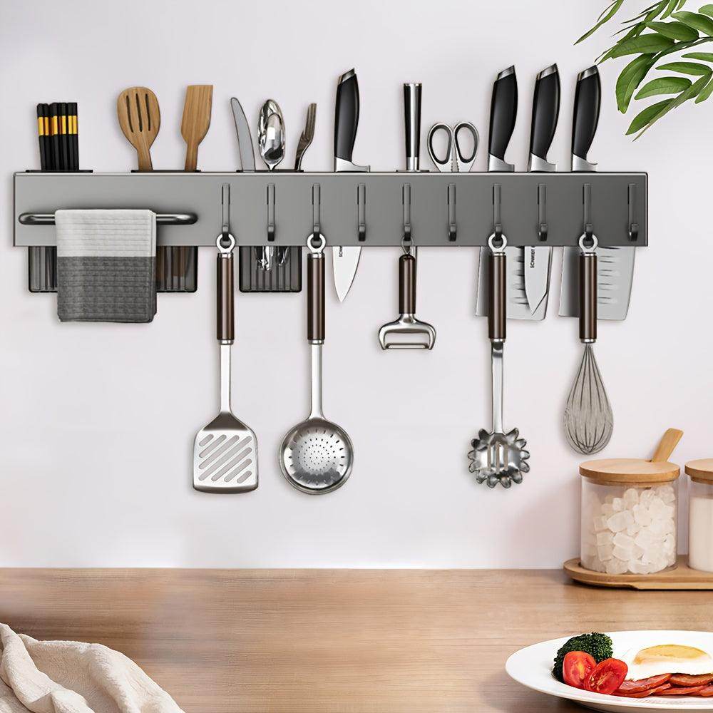Wall-Mounted Stainless Steel Kitchen Utensil Rack with Hooks & Utensil Holder - My Store