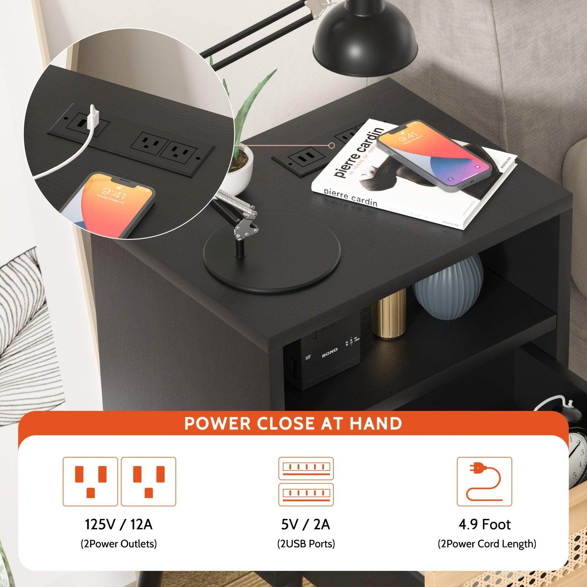 Rattan Nightstand with Charging Station & Storage Drawers - My Store