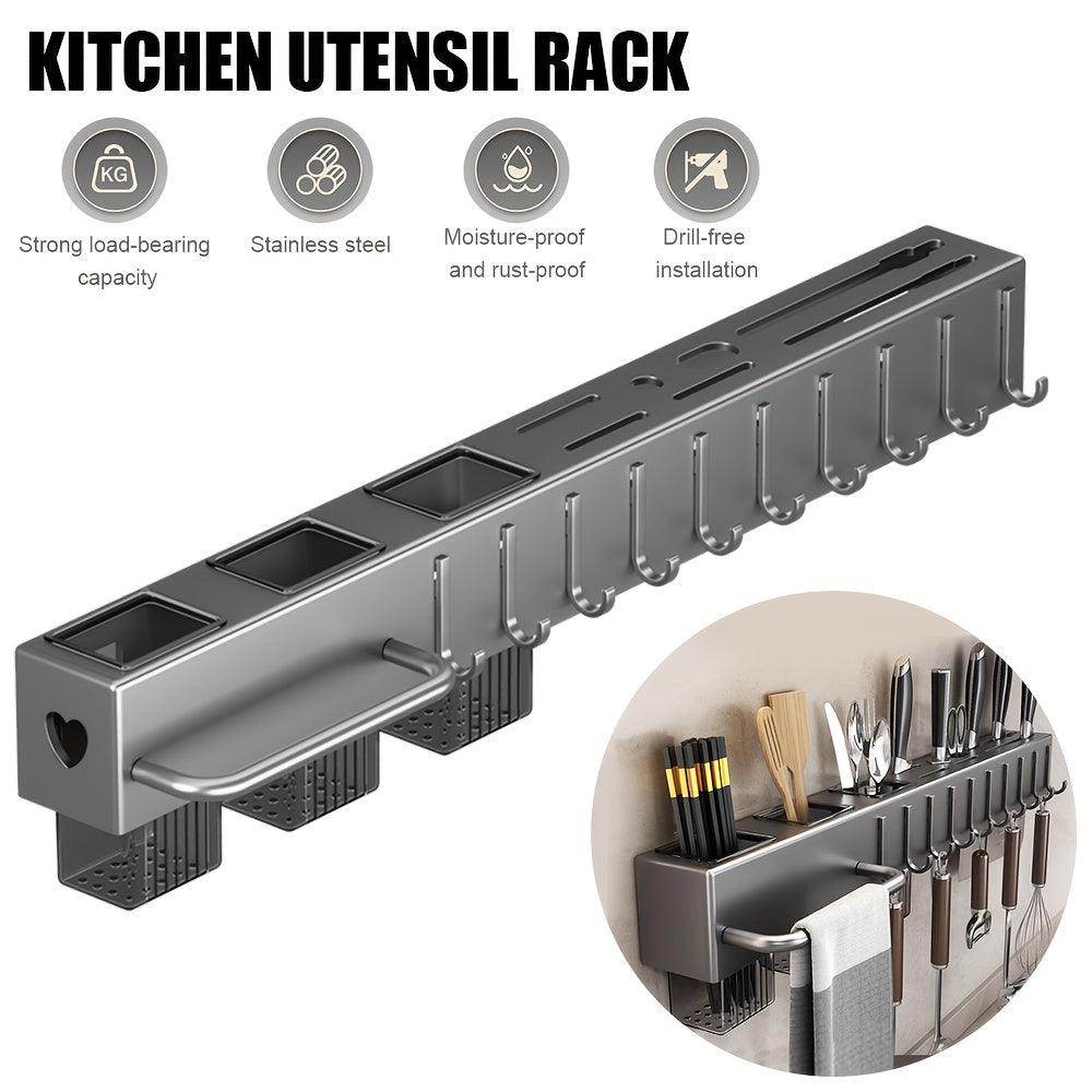 Wall-Mounted Stainless Steel Kitchen Utensil Rack with Hooks & Utensil Holder - My Store