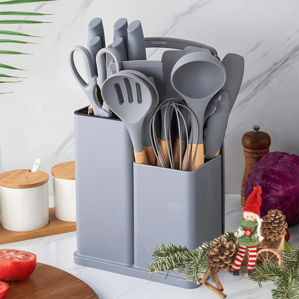 19pcs Silicone Kitchen Utensil Set with Wooden Handles - My Store