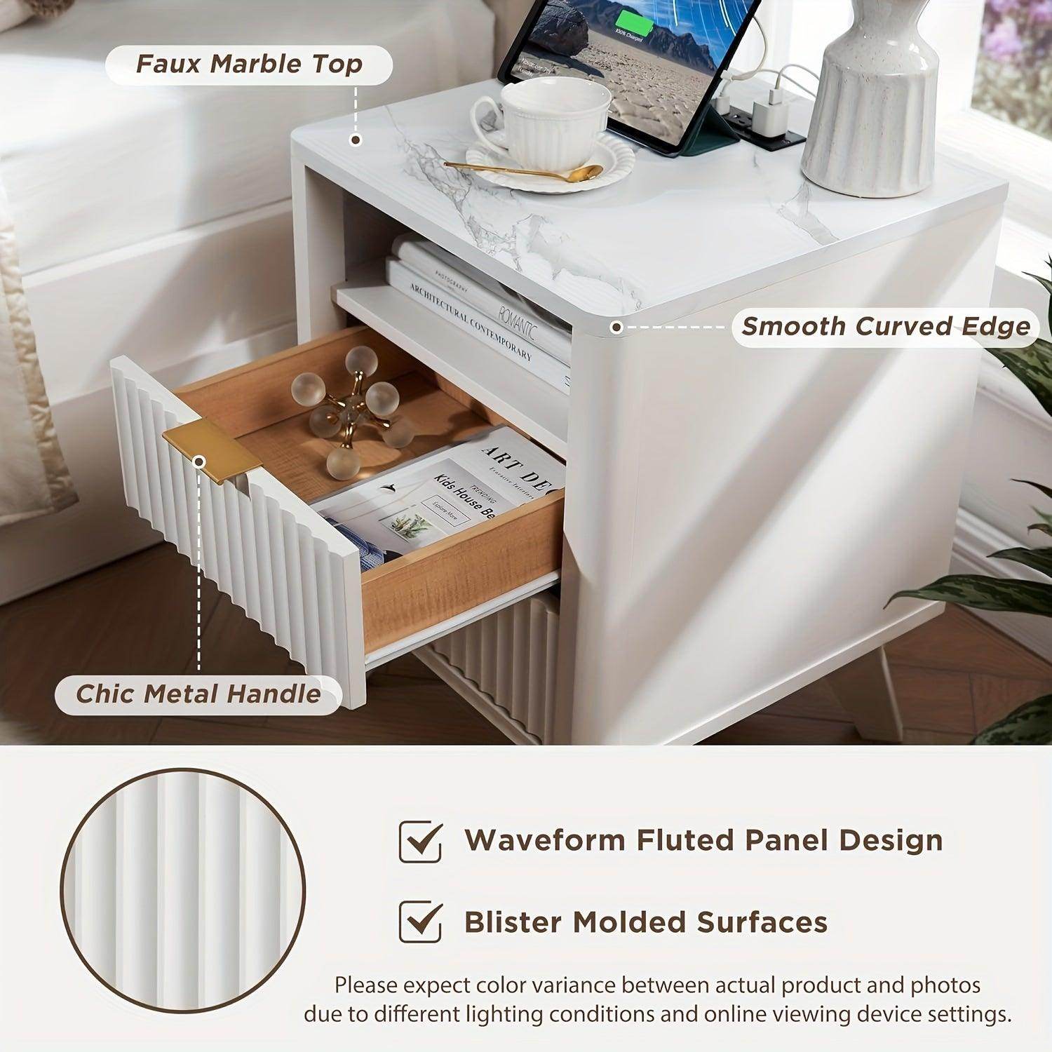 Fluted Nightstand with Charging Station - My Store