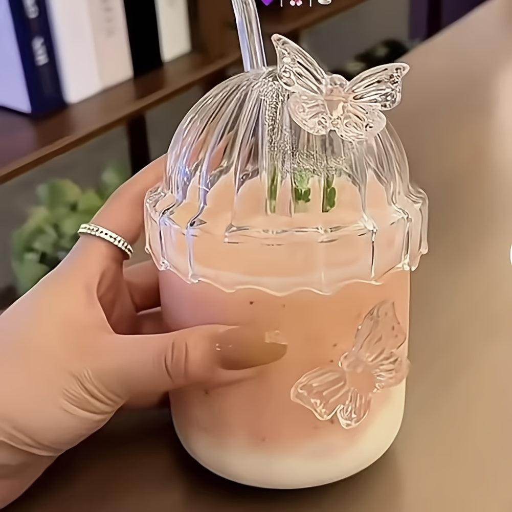 Pink Butterfly Glass Cup Set - 400ml with Lid & Straw - My Store
