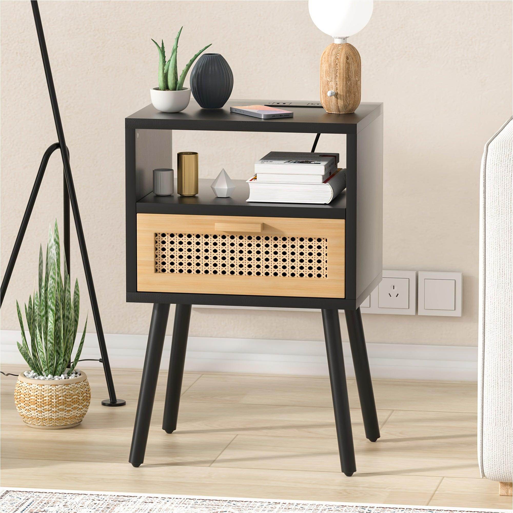 Rattan Nightstand with Charging Station & Storage Drawers - My Store