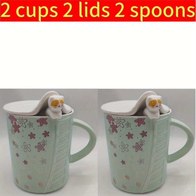 Cat-Themed Ceramic Mug Set - 2 Cups with Lids and Spoons - My Store