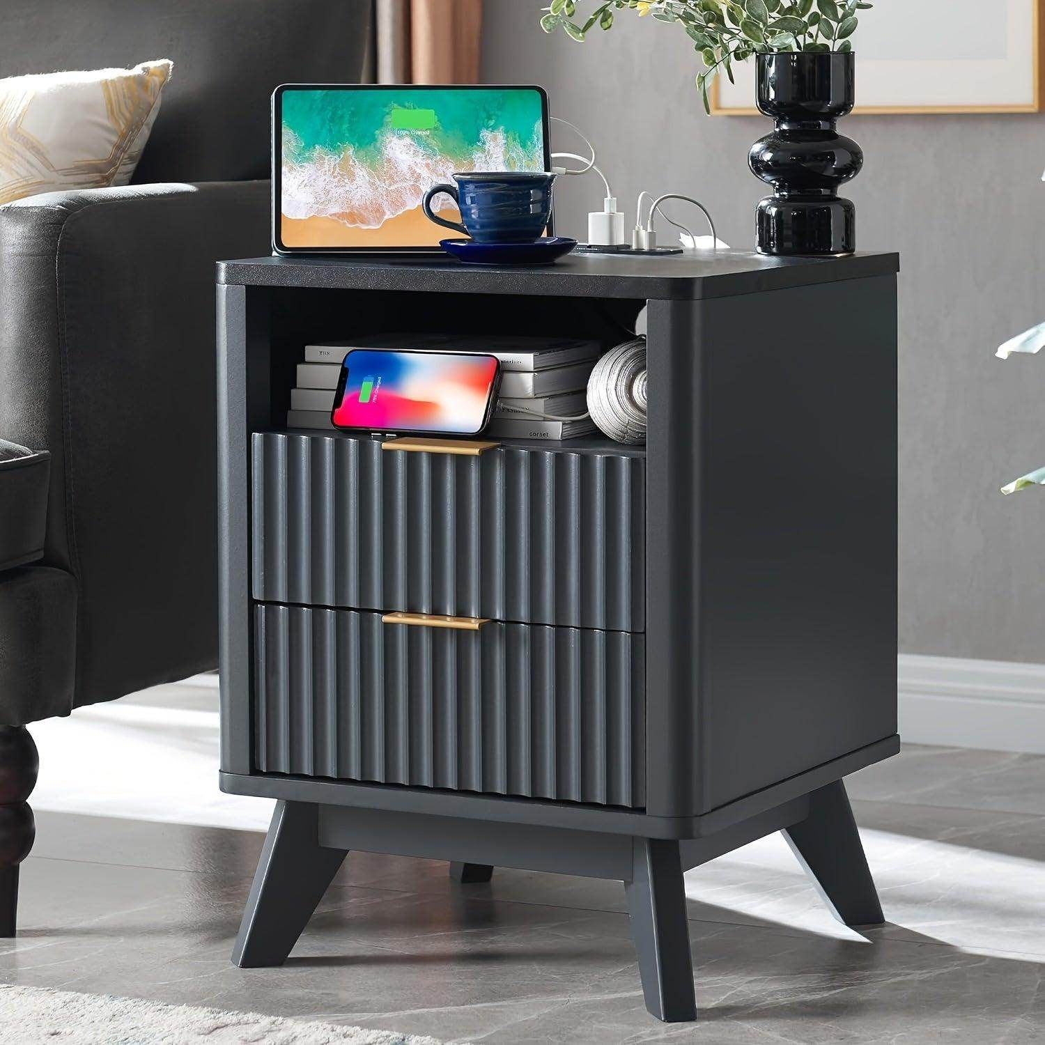 Fluted Nightstand with Charging Station - My Store