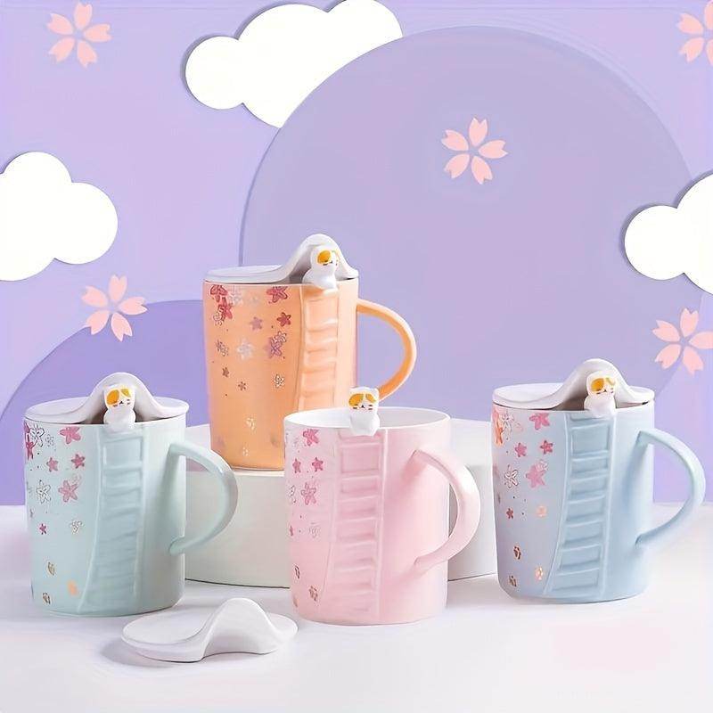 Cat-Themed Ceramic Mug Set - 2 Cups with Lids and Spoons - My Store