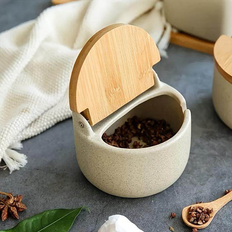 Rustic Ceramic Seasoning Jar with Bamboo Lid & Spoon - My Store