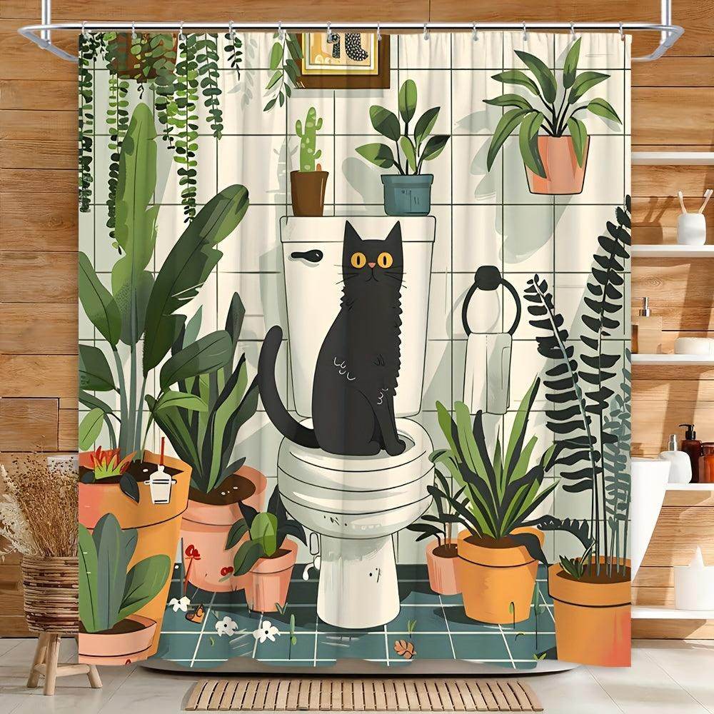 Greenery Cat Floral Potted Plants Shower Curtain - My Store