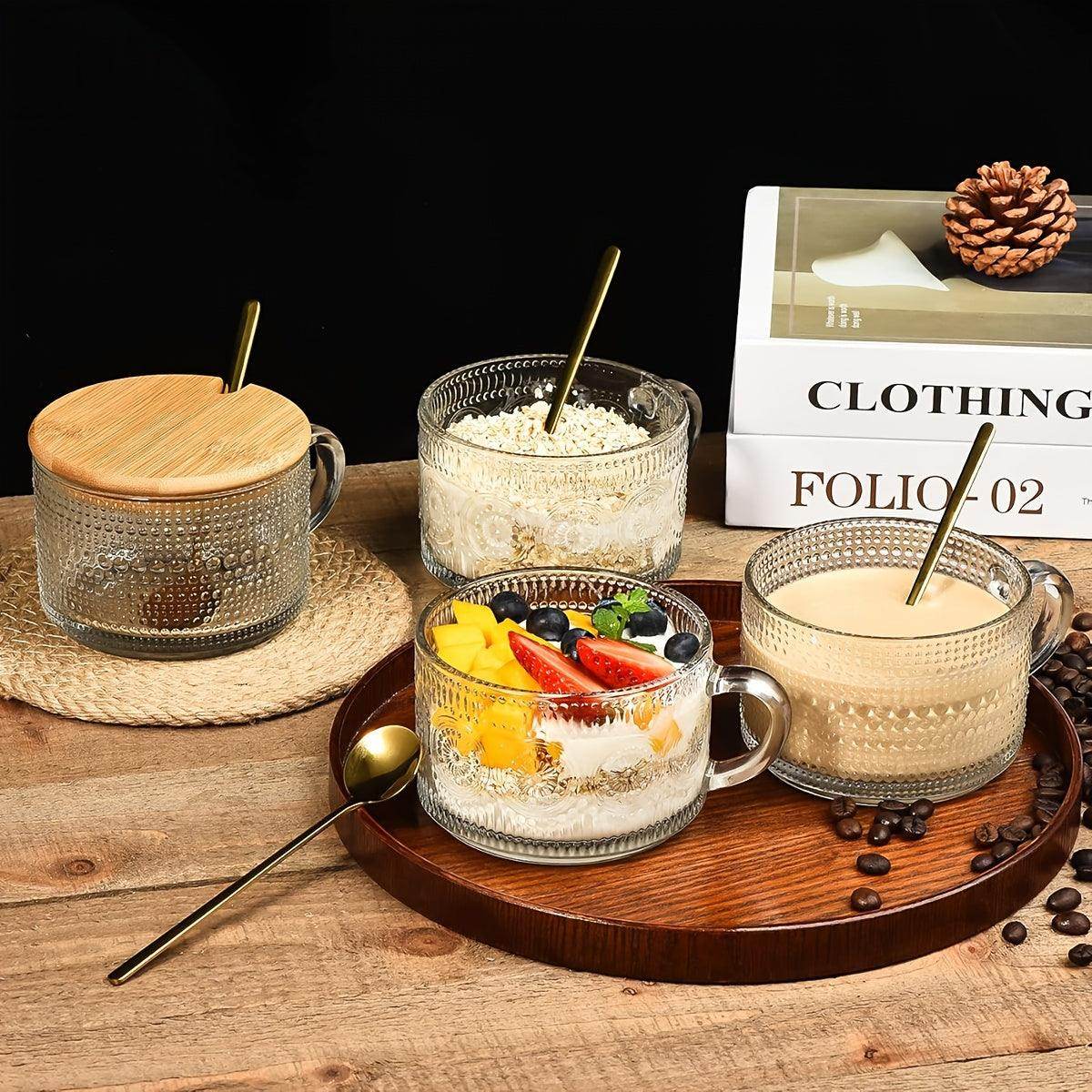 4/2pcs Coffee Cup Set - Embossed Tea Cup with Bamboo Lid & Spoon - My Store