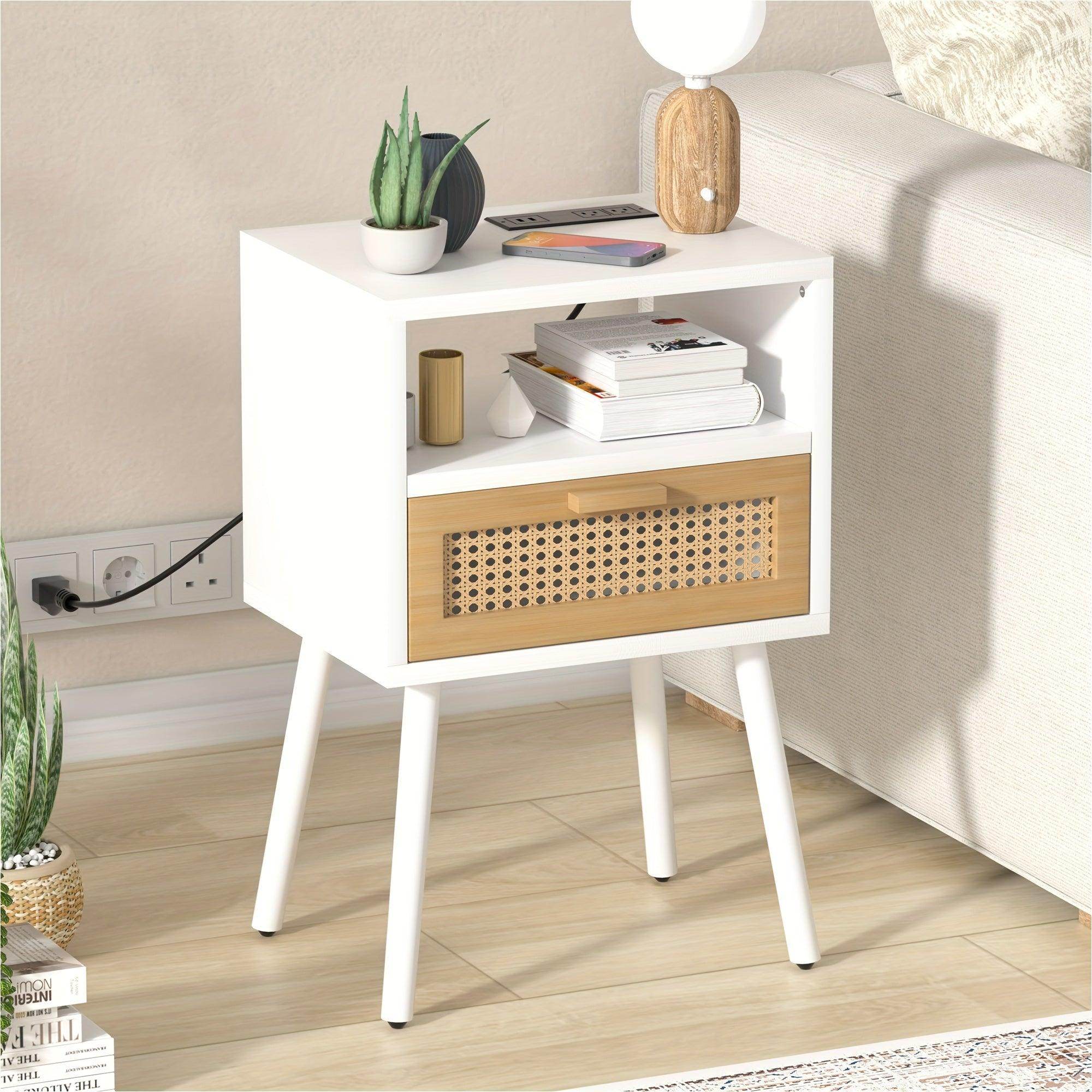 Rattan Nightstand with Charging Station & Storage Drawers - My Store