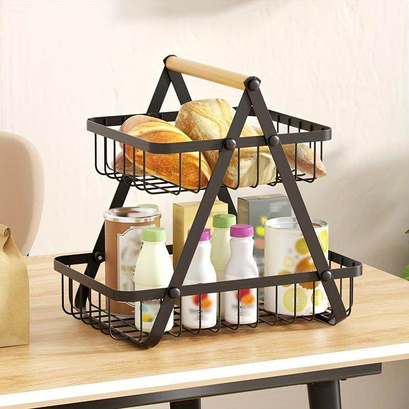 2/3-Tier Metal Wire Storage Basket with Wooden Handle - My Store