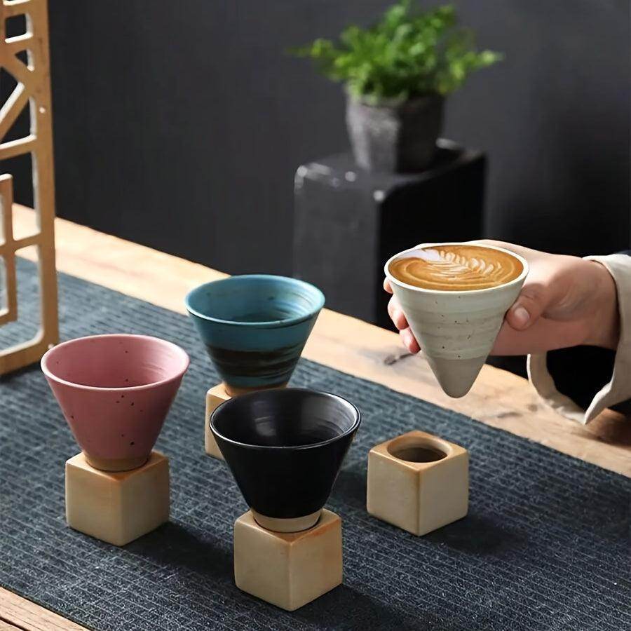 Japanese Rough Pottery Ceramic Espresso Cup with Holder - 100ml - My Store