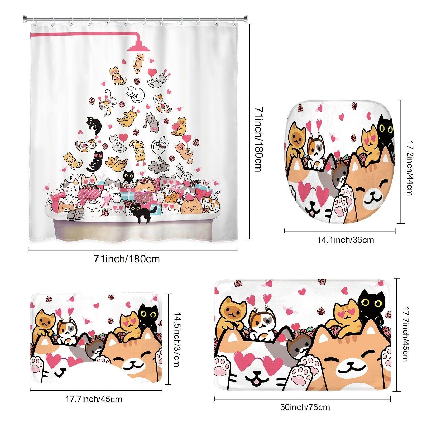 4pcs Cute Cat Shower Curtain Set with 12 Hooks - My Store