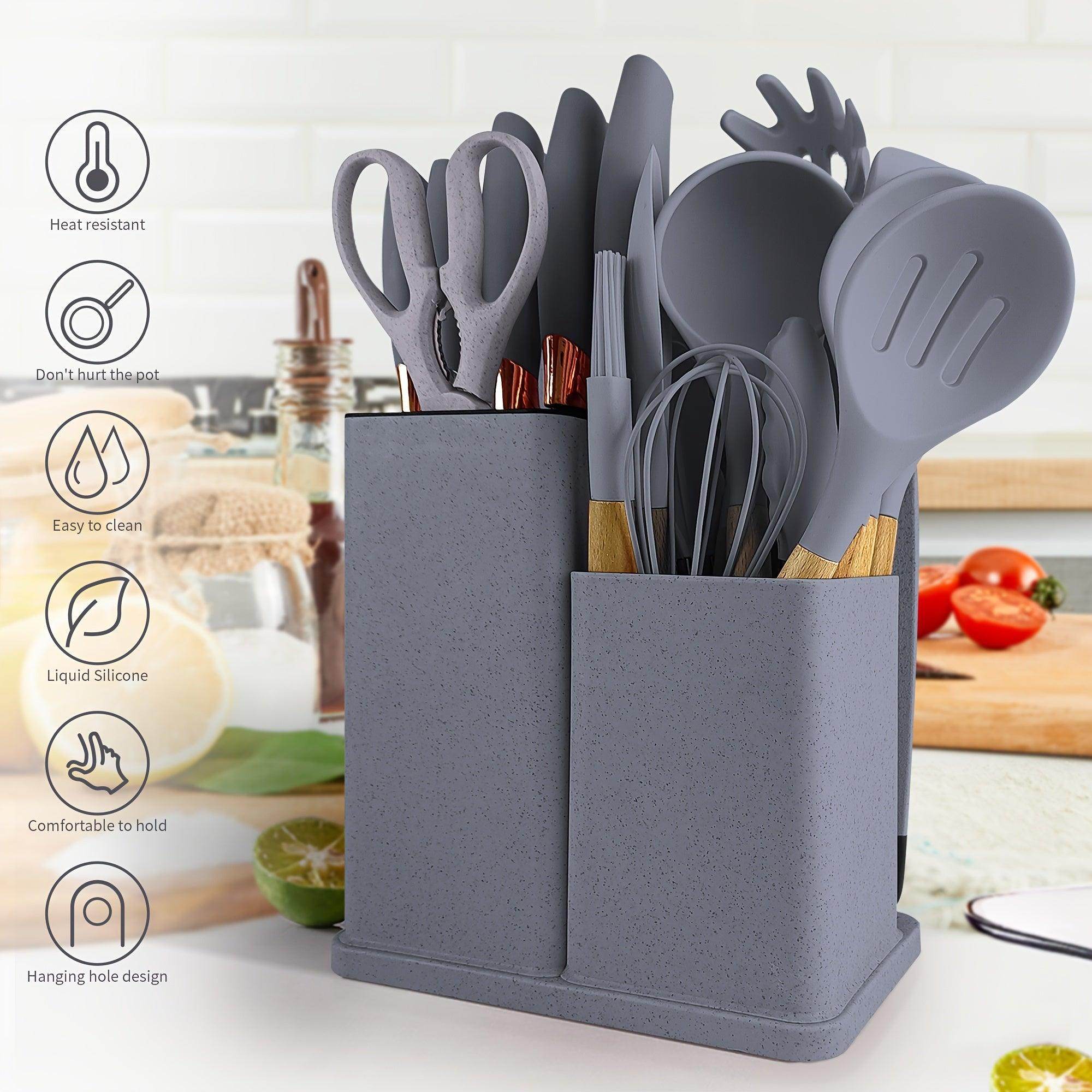 19pcs Silicone Kitchen Utensil Set with Wooden Handles - My Store
