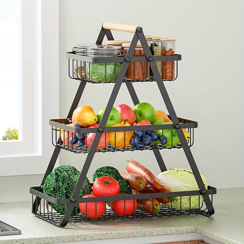 2/3-Tier Metal Wire Storage Basket with Wooden Handle - My Store