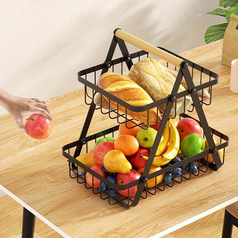 2/3-Tier Metal Wire Storage Basket with Wooden Handle - My Store