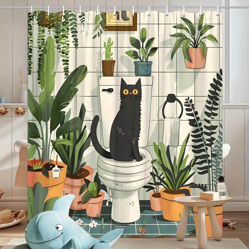 Greenery Cat Floral Potted Plants Shower Curtain - My Store