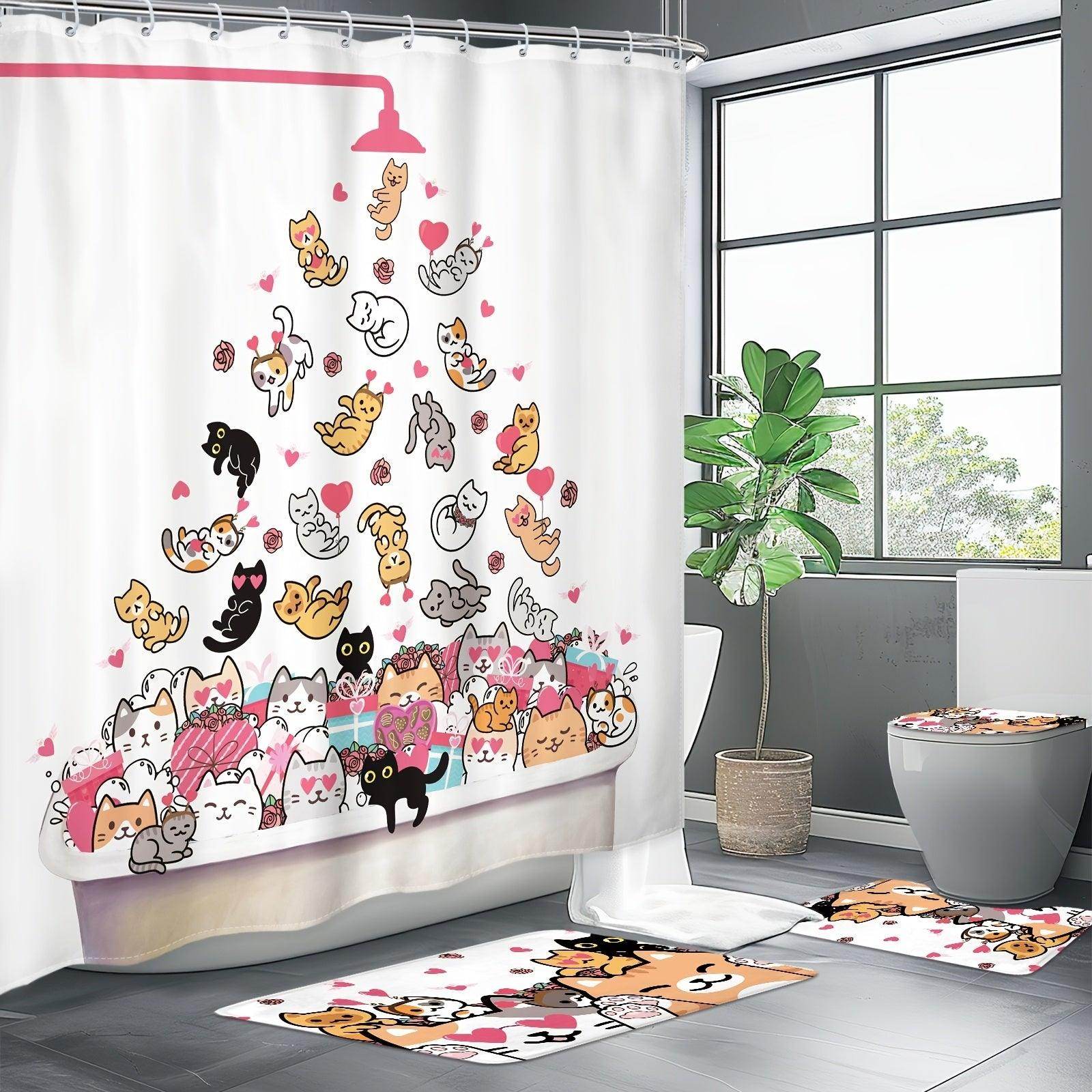 4pcs Cute Cat Shower Curtain Set with 12 Hooks - My Store